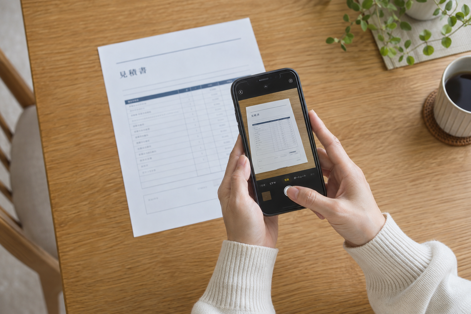 スマホで紙の見積書を撮影する手元